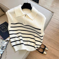 Korean Retro Lapel Zipper Stripe Knitted Vest Women Autumn Winter Sleeveless Sweater Casual 100% Polyester Pullover Outerwear by Urban Fashion Icon