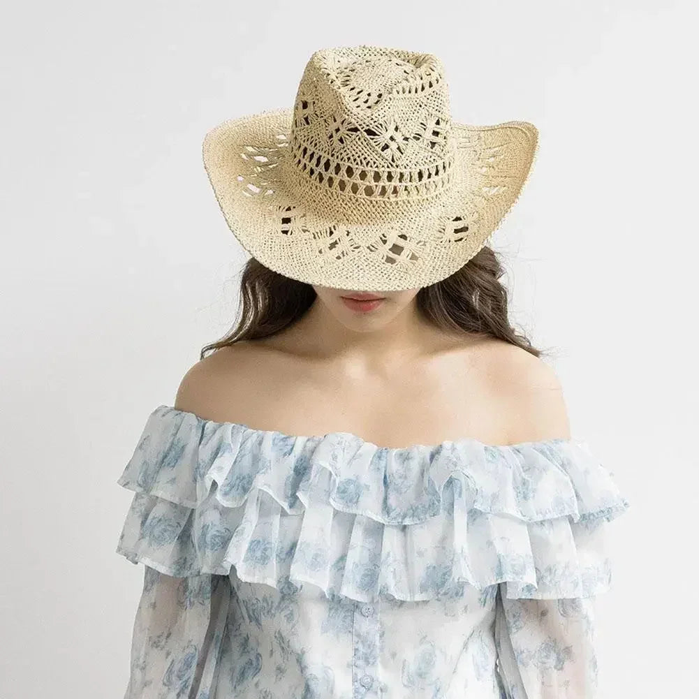 Summer Outdoor Men Women Hand-woven Western Cowboy Straw Hats Wide Brim Breathable Beach Jazz Cap Sun Protection Hat (Copy) by Goddess Imports Marketplace