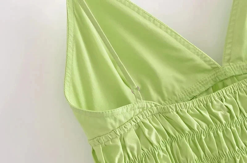 Foridol Elastic Smocking Green Cotton V Neck Summer Women's Dress Sleevless Long Green Maxi Casual Strapy Dress Solid Female by Ladyez