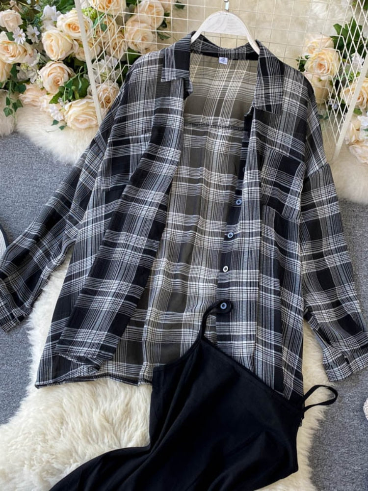 Two Piece Set Long Sleeve Plaid Grey Overcoats Spaghetti Strap Slim Dress by nowadaysfashion