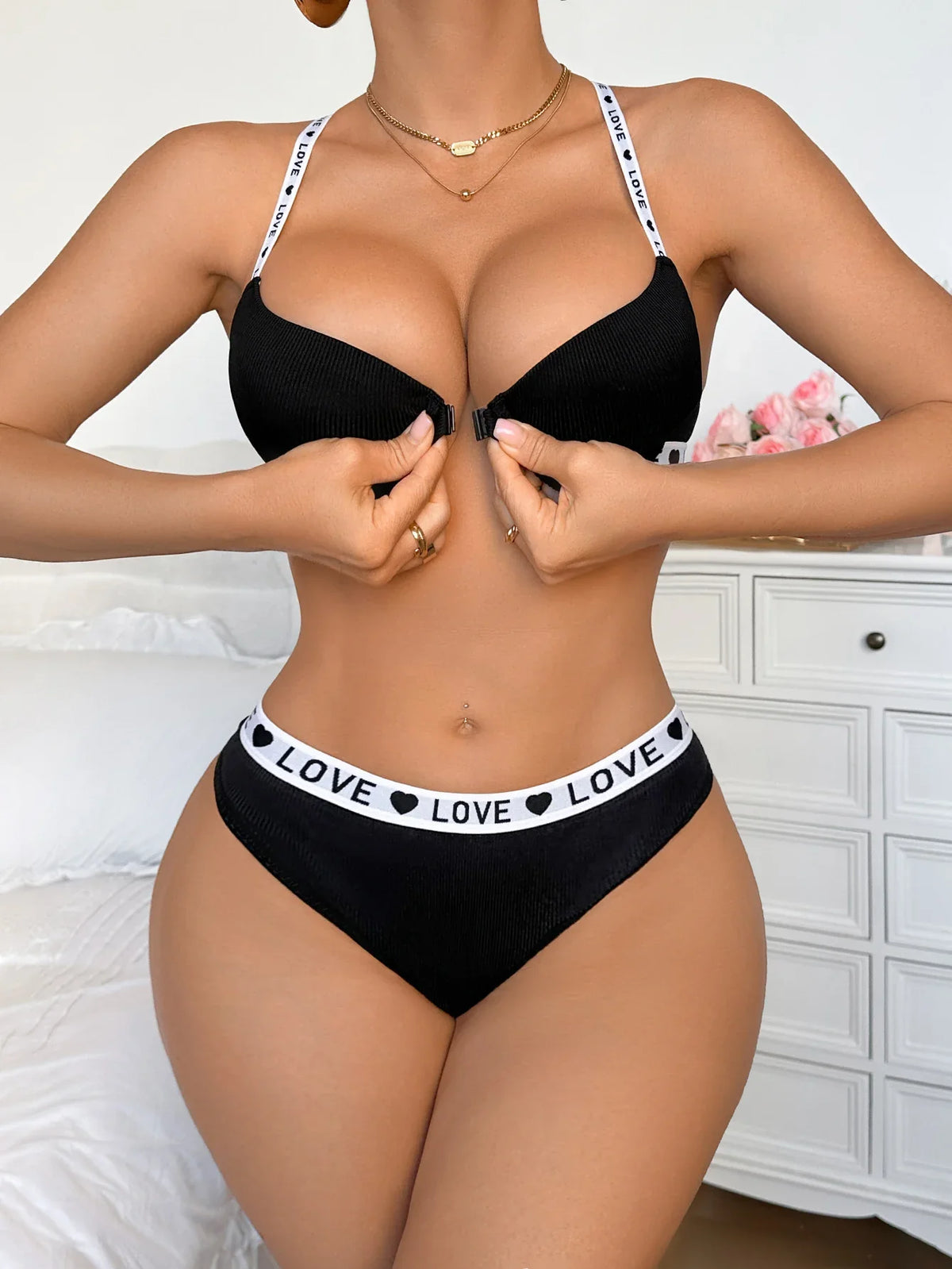 New Ribbed Women's Underwear Set Letter Strap Underwear Front-Clasp Push-Up Bra Comfy Daily Female Bra Set by Ladyez
