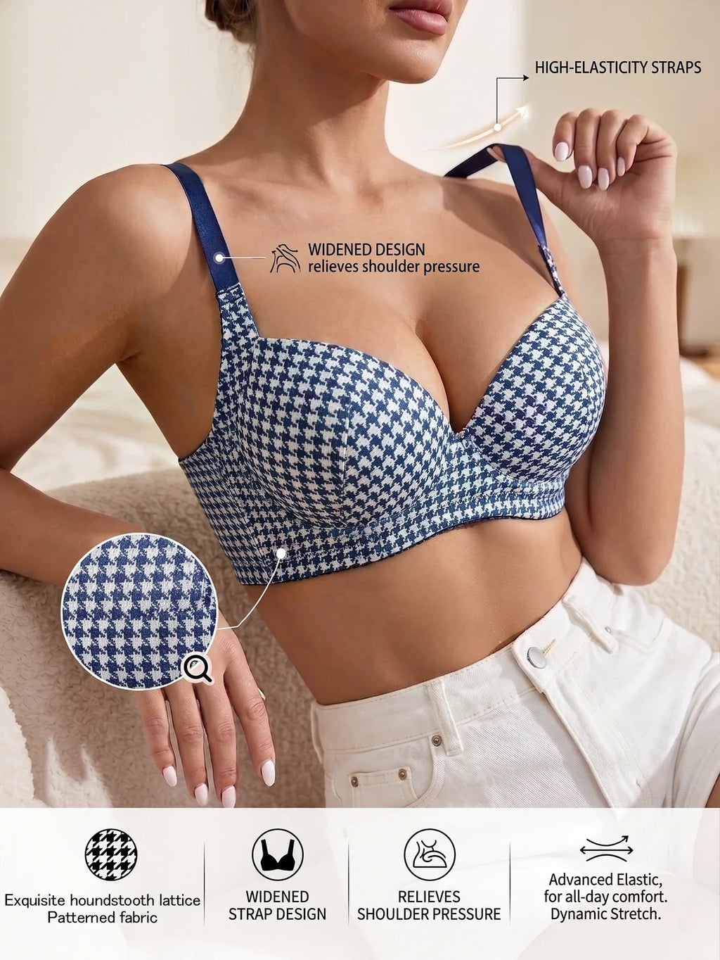 Women's Houndstooth Print Push-Up Bra Wide Elastic Straps Underwear Underwire Side Smoothing & Supportive Bra Women by Ladyez
