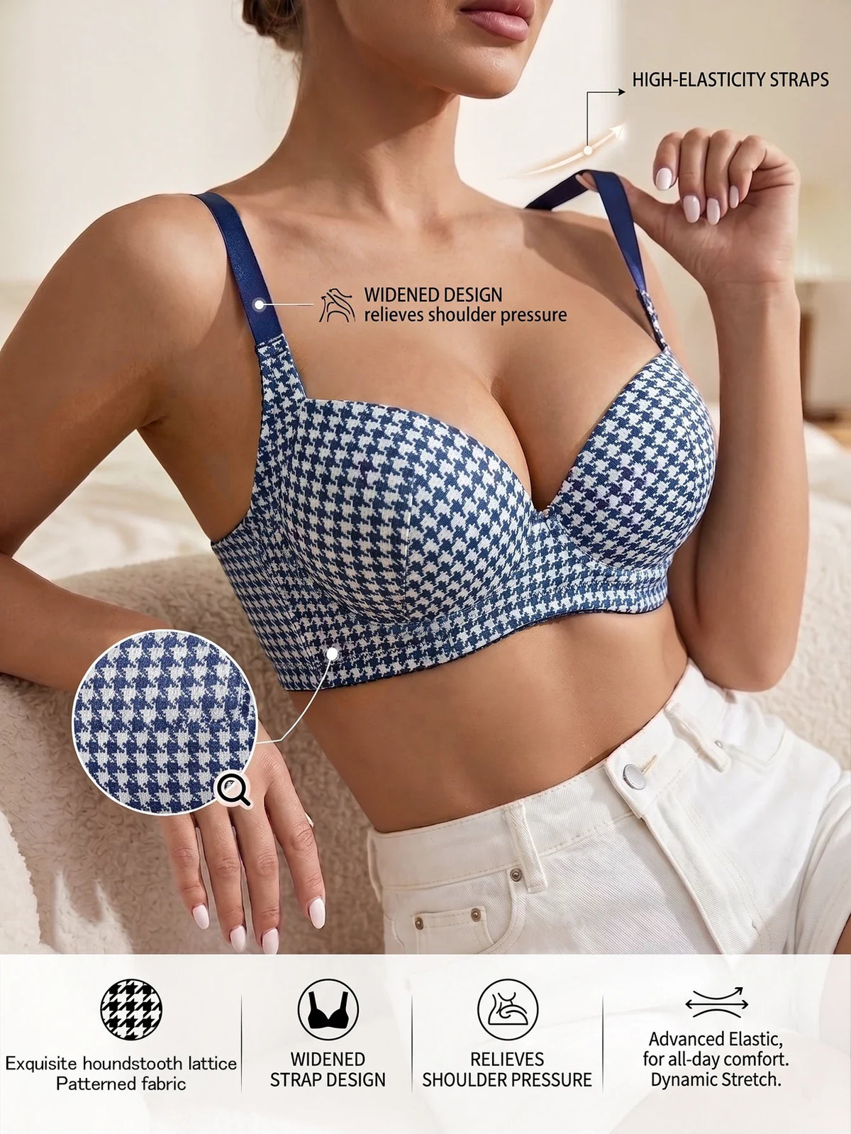 Women's Houndstooth Print Push-Up Bra Wide Elastic Straps Underwear Underwire Side Smoothing & Supportive Bra Women by Ladyez