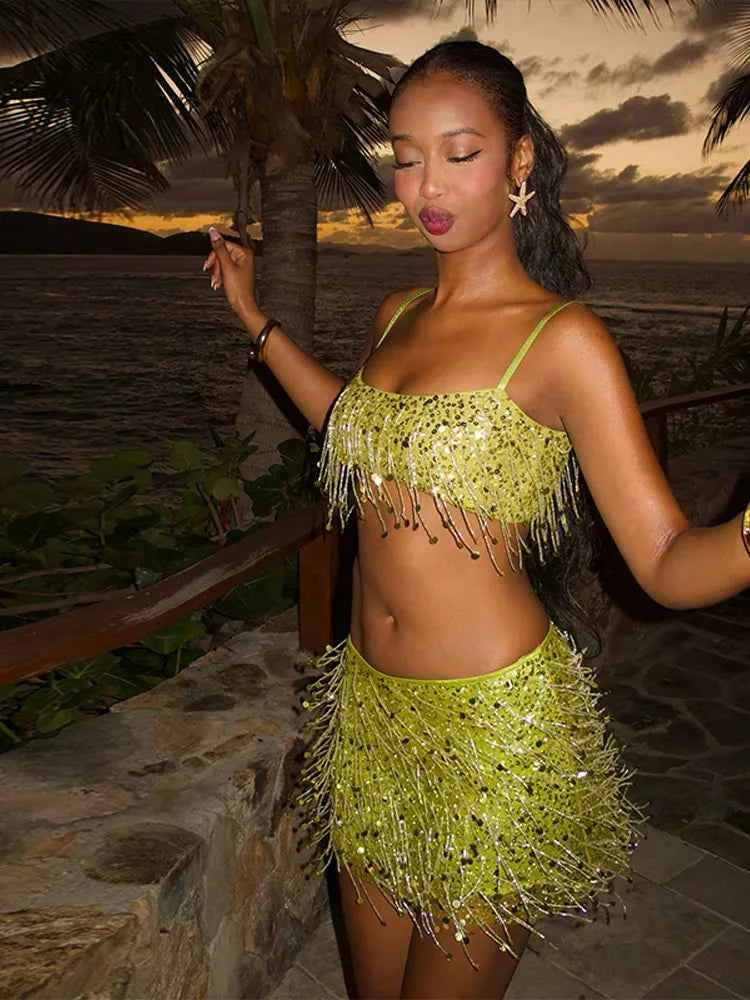 Sexy Tassel Chains Women's Set Elegant Solid Sequins Hip Package Female Party Mini Skirts Summer Holiday Lady Outfit Beachwear
