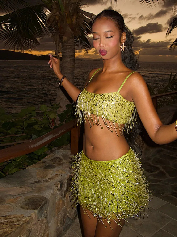 Sexy Tassel Chains Women's Set Elegant Solid Sequins Hip Package Female Party Mini Skirts Summer Holiday Lady Outfit Beachwear by Urban Fashion Icon