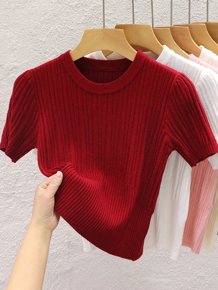 2026 Summer T shirts for Women Casual Female Korean Knit Streetwear Tees Basic Solid Young Cool Tops by Urban Fashion Icon