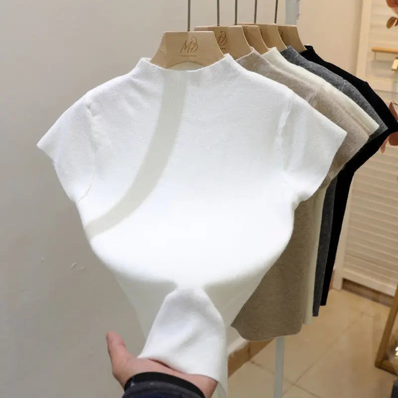 2026 Basic Turtleneck Solid Thin Summer Pullover Women Female Knitted Sweater Slim Short Sleeve Bodycon Sweater by Urban Fashion Icon