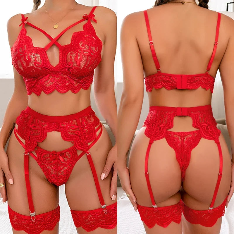 Sexy Lingerie Woman Sex Bra Set And Garter Lingerie Lace G-String Seamless Bralette Panty Female Underwear Erotic Sleepwear Set by Ladyez