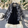 Two Piece Set Long Sleeve Plaid Grey Overcoats Spaghetti Strap Slim Dress by nowadaysfashion