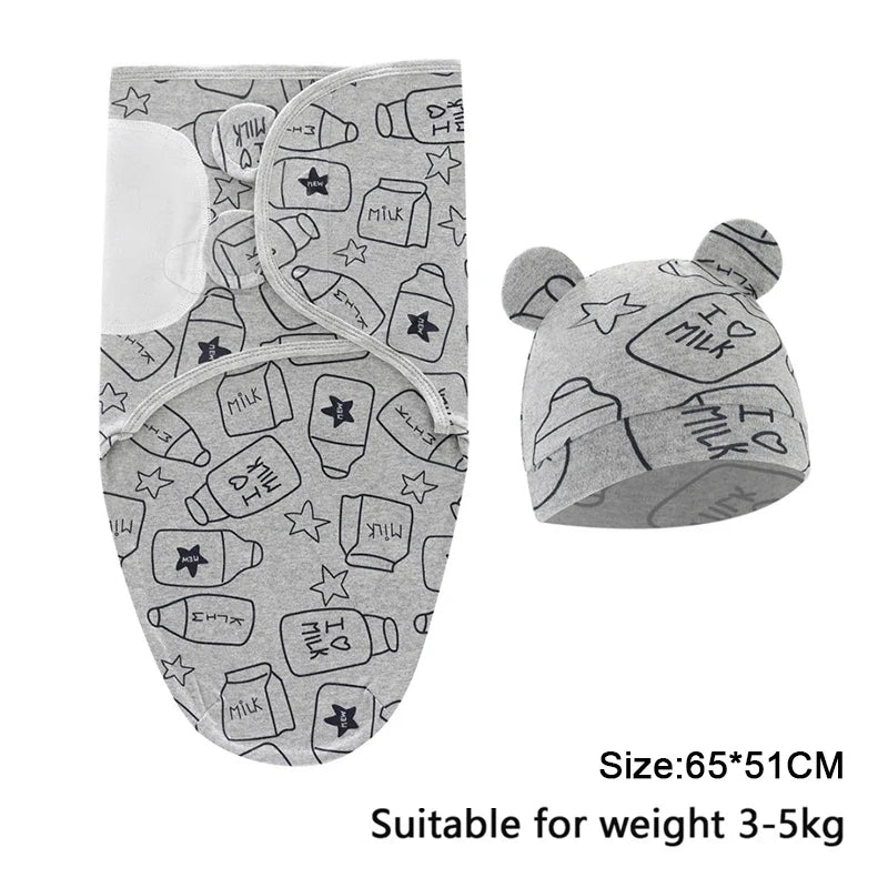 Baby Blanket Hat Set Cartoon Printed Cotton Newborn Swaddle Adjustable Infant Sleeping Swaddle Wraps All Seasons 0-6 Months by FLIPSTYLEZLLC