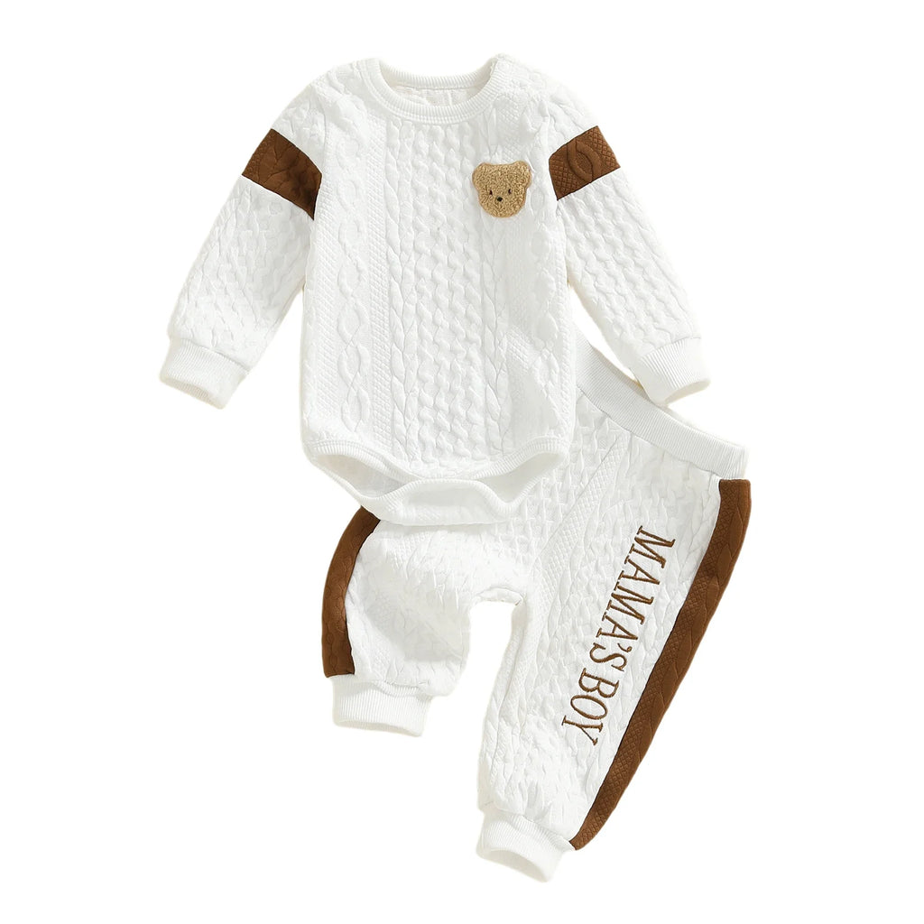 Baby Boy s Knit Outfits Fashionable Long Sleeve Bear Embroidery Textured Romper with Pants 2Pcs Set by FLIPSTYLEZLLC