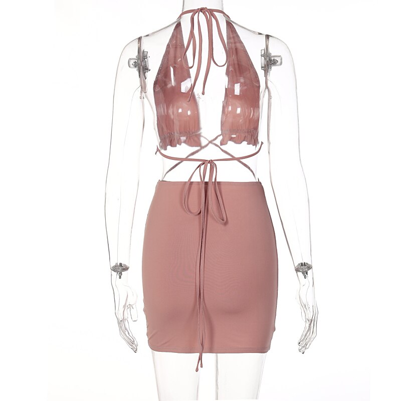 Ruffled Solid Halter Hollow Out Sleeveless Crop Top Pleated Skirts 2 Pieces Set by nowadaysfashion