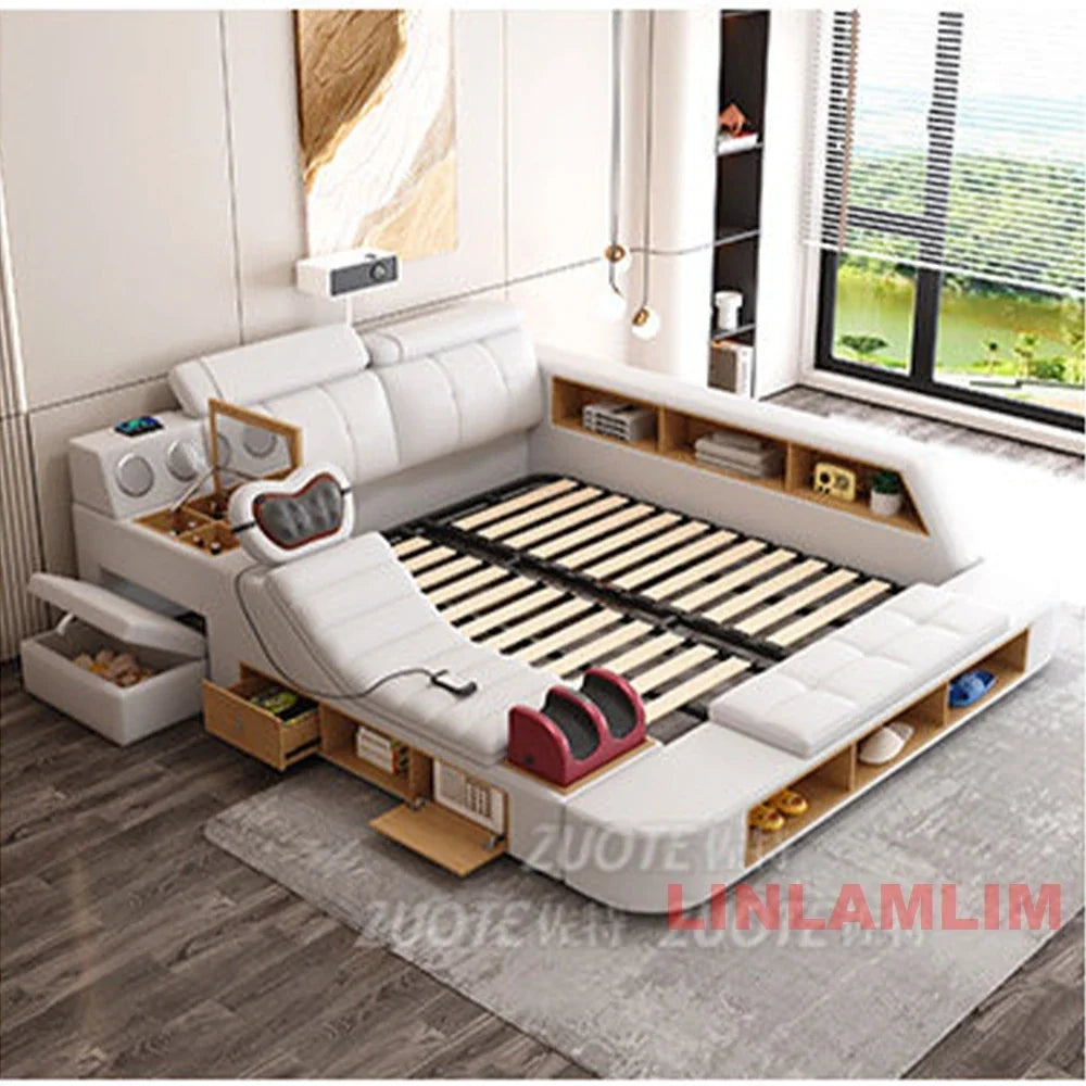 MINGDIBAO All In One Bed, Luxury Multifunctional Genuine Leather Bed Frame with Tatami, Tech Smart Ultimate Lit 2 Personnes by FLIPSTYLEZLLC