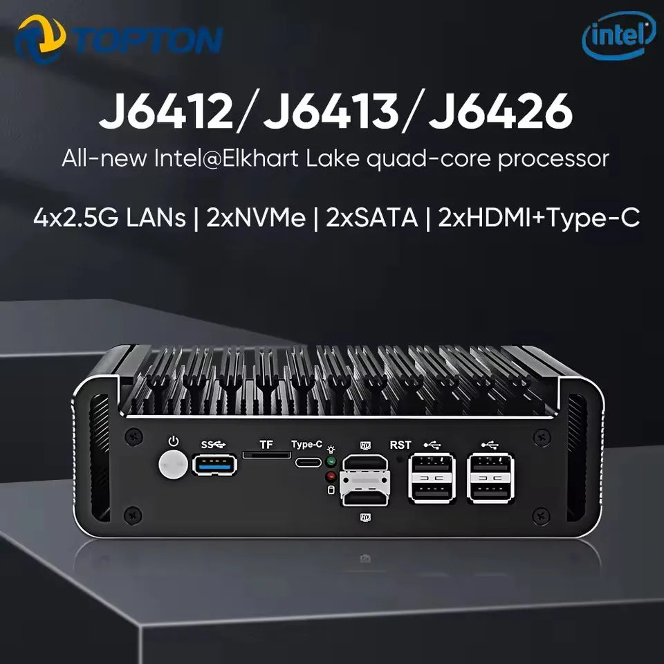Topton 4x2.5G LAN Fanless Firewall Mini PC Intel Celeron J6413 J6412 NAS Computer Server 2xM.2 NVMe 2xSATA 1xTF Type-C 5xUSB by FLIPSTYLEZLLC