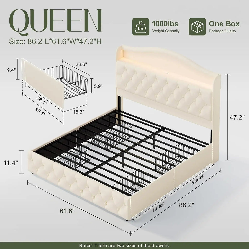 Queen Size Bed Frame and Headboard & 4 Storage Drawers, Upholstered Platform Bed Frame with RGB LED Lights &, Customized by FLIPSTYLEZLLC