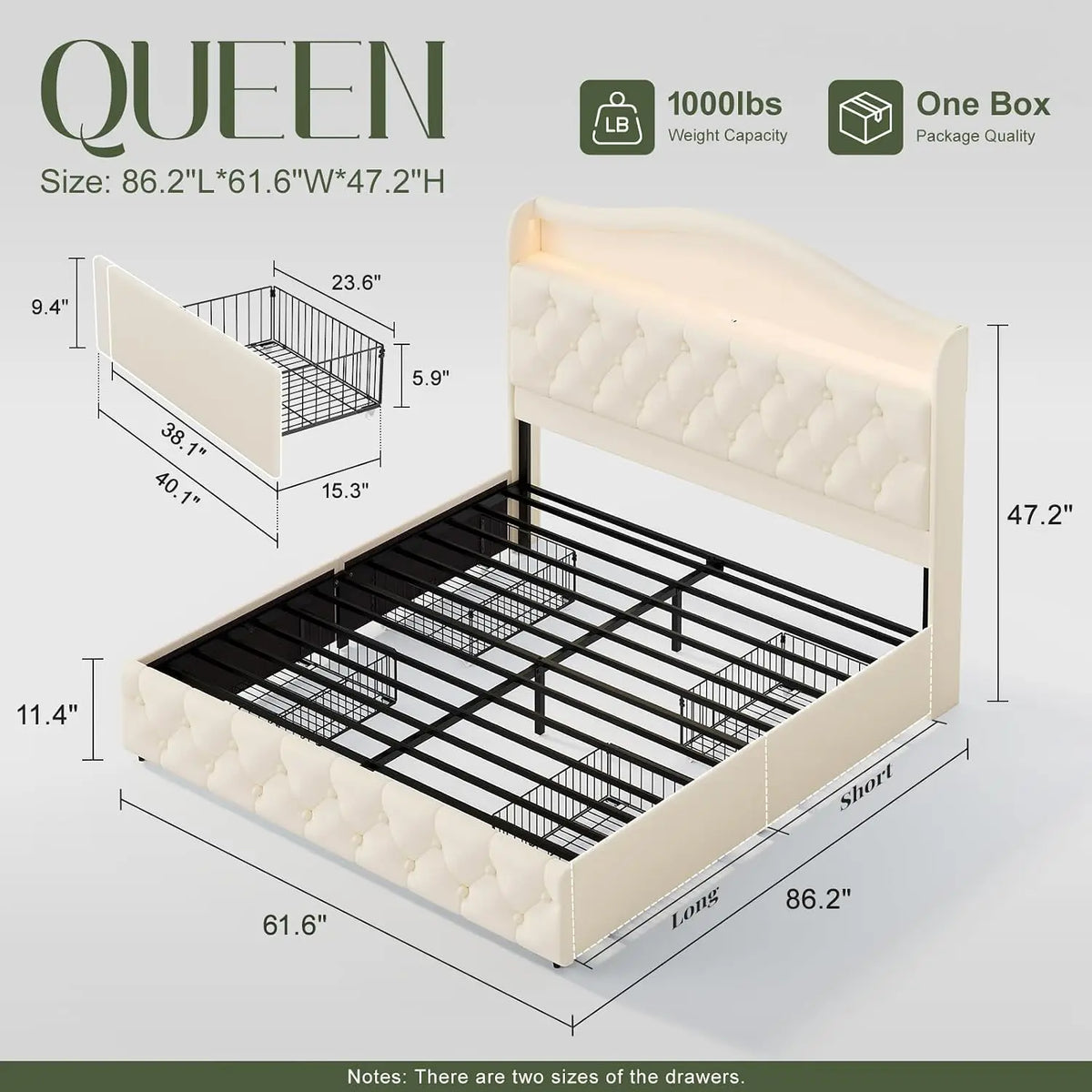Queen Size Bed Frame and Headboard & 4 Storage Drawers, Upholstered Platform Bed Frame with RGB LED Lights &, Customized by FLIPSTYLEZLLC