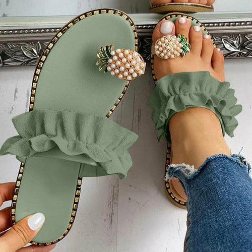 Pineapple Pearl Beach Slides Flat Toe Casual Womens Slippers by Silver Juneberry