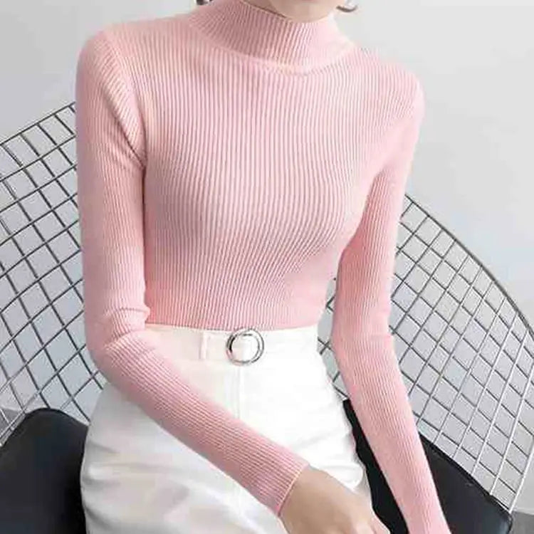 Autumn Winter Mock Neck Women Sweater Vintage Basic Solid Knitted Tops Casual Slim Pullover Korean Sweaters Simple Chic Jumpers by Urban Fashion Icon