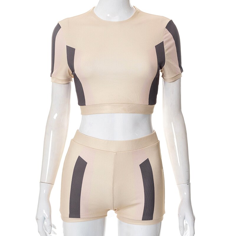 O Neck Short Sleeves Patchwork Crop T Shirt Shorts 2 Pieces Set by nowadaysfashion