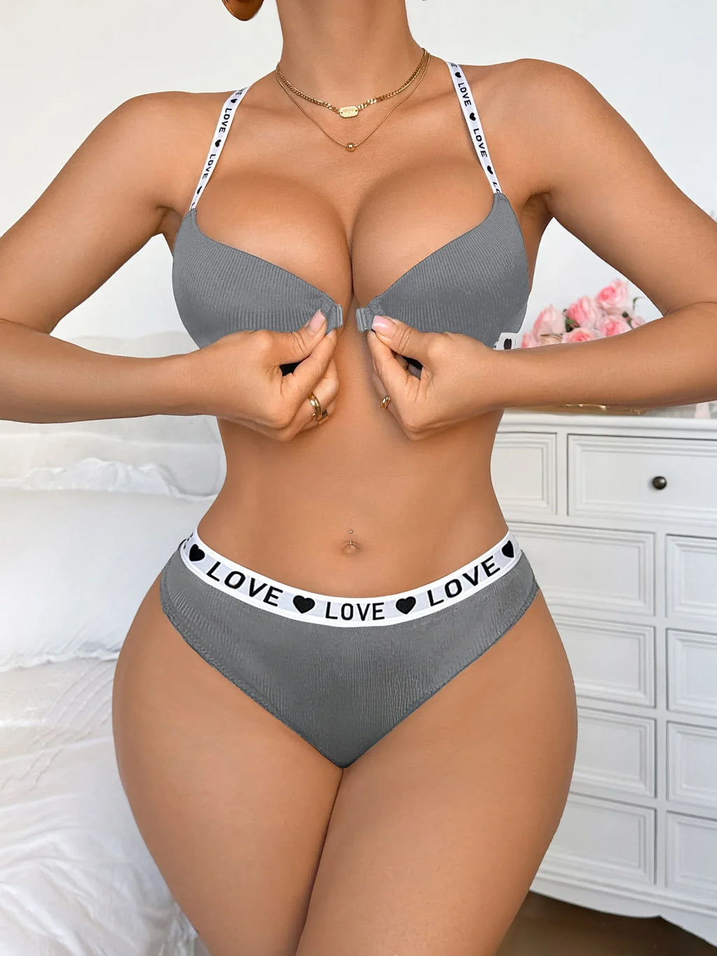 New Ribbed Women's Underwear Set Letter Strap Underwear Front-Clasp Push-Up Bra Comfy Daily Female Bra Set by Ladyez