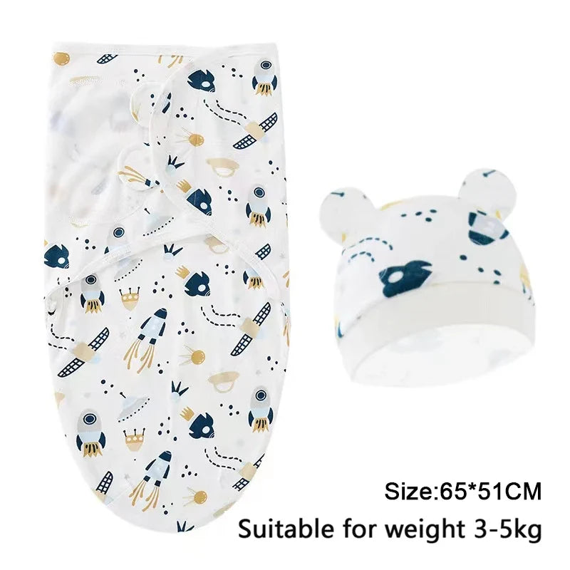 Baby Blanket Hat Set Cartoon Printed Cotton Newborn Swaddle Adjustable Infant Sleeping Swaddle Wraps All Seasons 0-6 Months by FLIPSTYLEZLLC