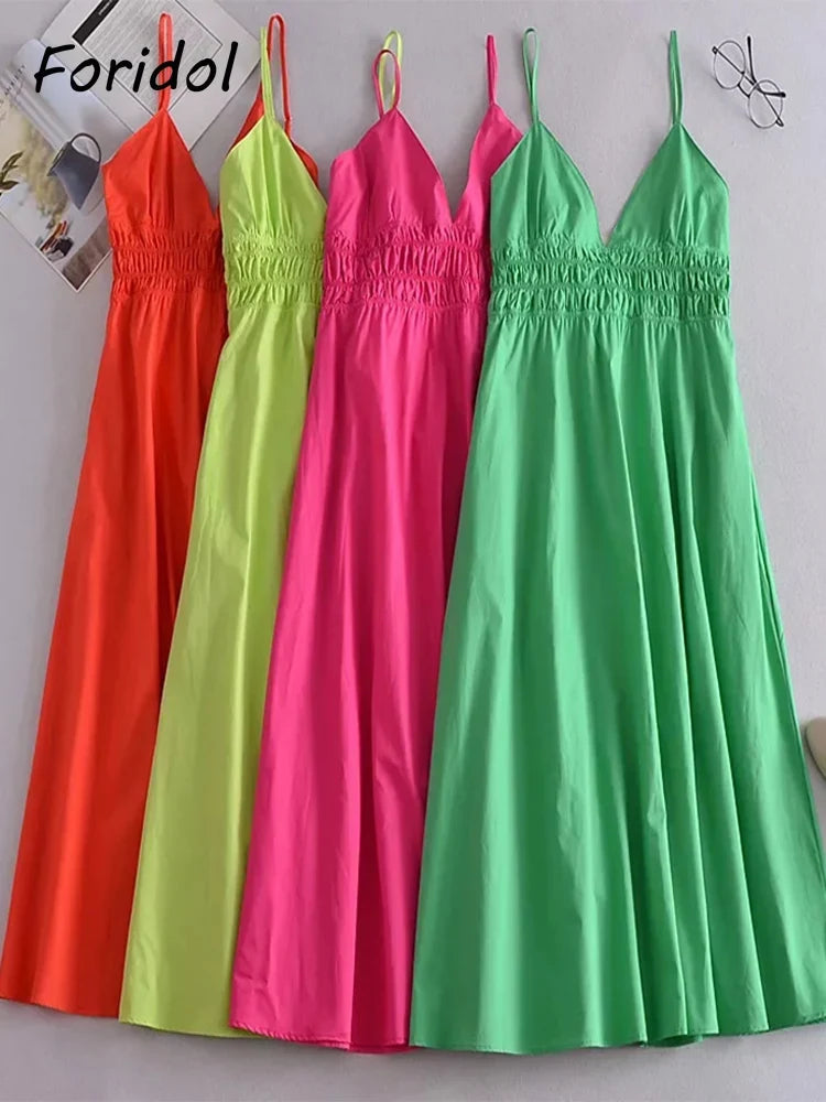 Foridol Elastic Smocking Green Cotton V Neck Summer Women's Dress Sleevless Long Green Maxi Casual Strapy Dress Solid Female by Ladyez