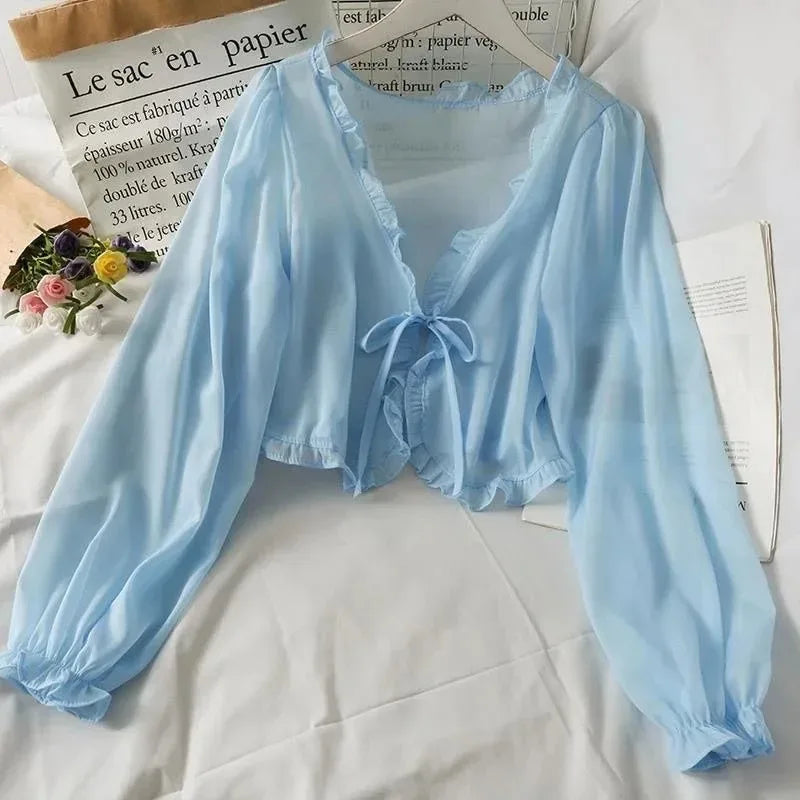 Women Thin Casual Lace Bow Summer Sun Protection Clothes Female Cardigan Shirt Clothing Tops Blouse For Woman by Urban Fashion Icon