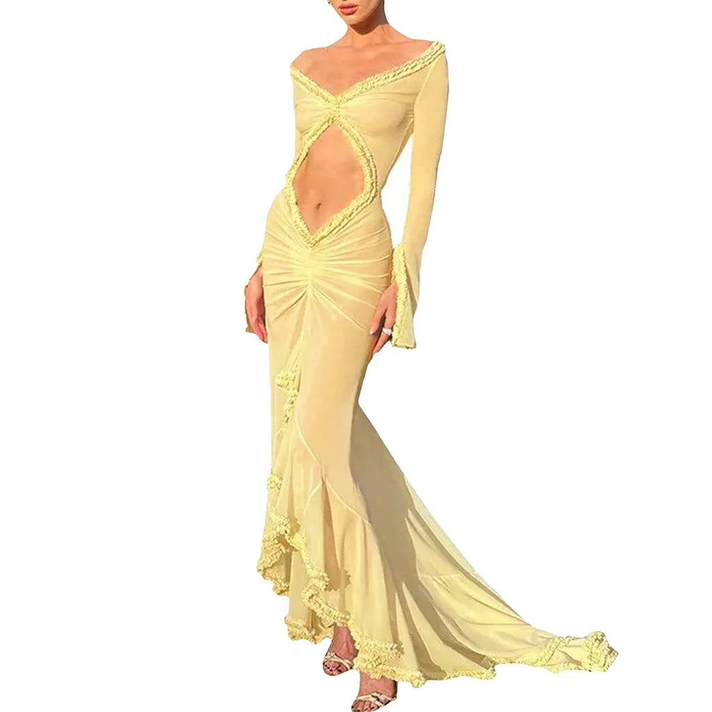 Gaono Sexy Women's Babydoll Lingerie Long Sleeve V Neck Chemise Mesh Nightwear Long Gown Frill Trim Sheer Nighty Dress by Urban Fashion Icon