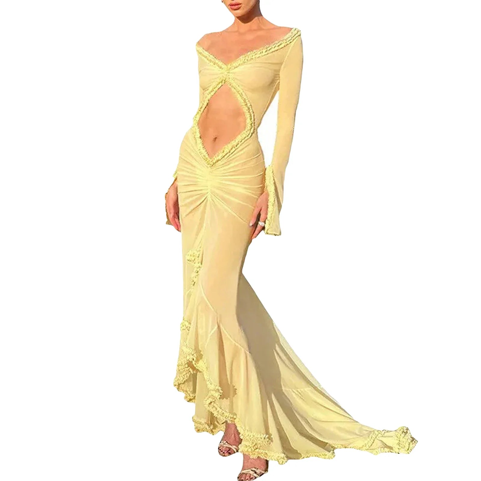 Gaono Sexy Women's Babydoll Lingerie Long Sleeve V Neck Chemise Mesh Nightwear Long Gown Frill Trim Sheer Nighty Dress by Urban Fashion Icon