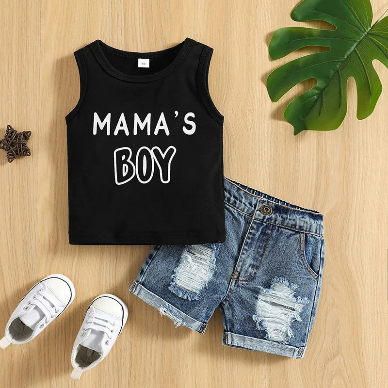 VISgogo Baby Boys Casual Clothes Set Letters Print Sleeveless Tank Top with Ripped Denim Shorts 2Piece Summer Outfit by FLIPSTYLEZLLC
