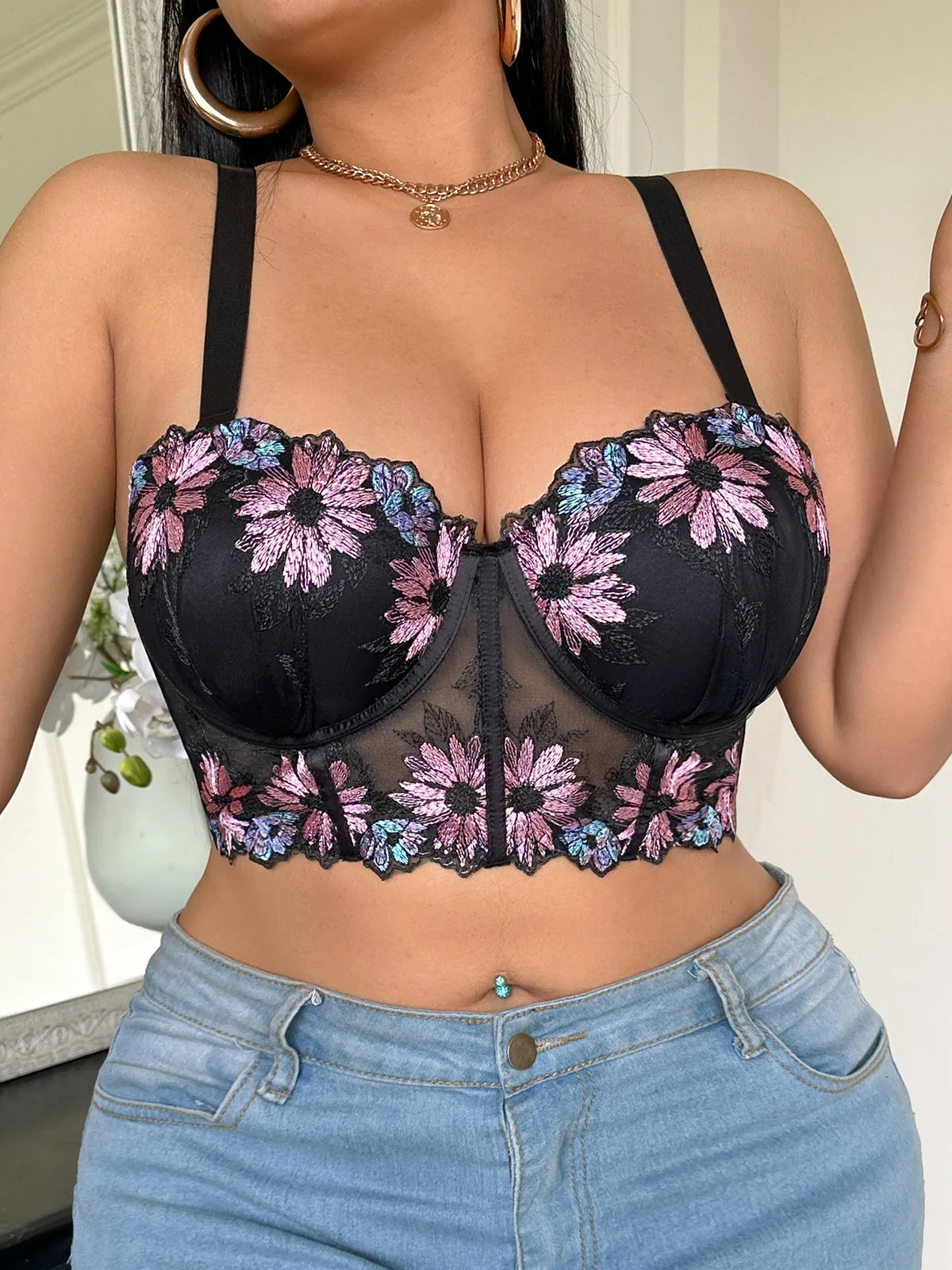 Plus Size Women Bra Floral Lace Patchwork Embroidery Thin Cup Push up Bra Comfortable Underwire Shapewear Bra for Women by Ladyez