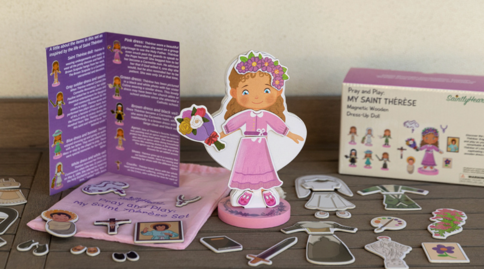 My Saint Thérèse, A magnetic wooden dress-up doll set by Saintly Heart