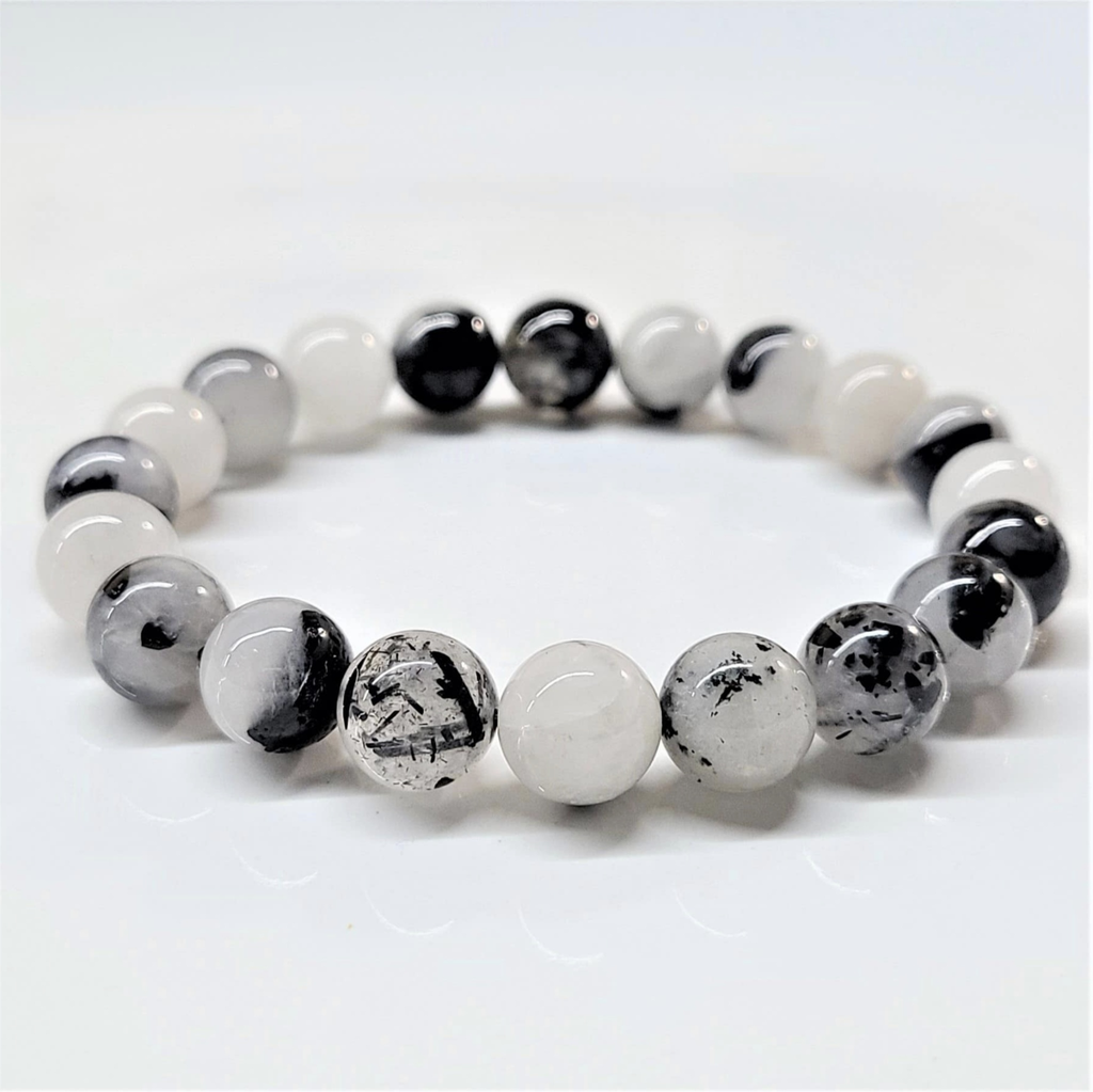 Tourmaline in Quartz Round Bead Bracelet - Grounded Light & Divine Protection by Sacred Crystals