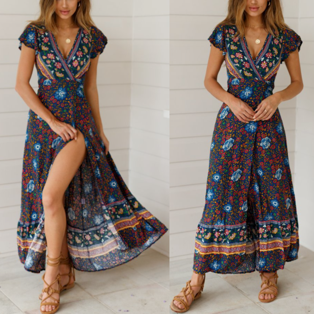 Womens Wrap Style V Neck Floral Maxi Dress by Yellow Pandora