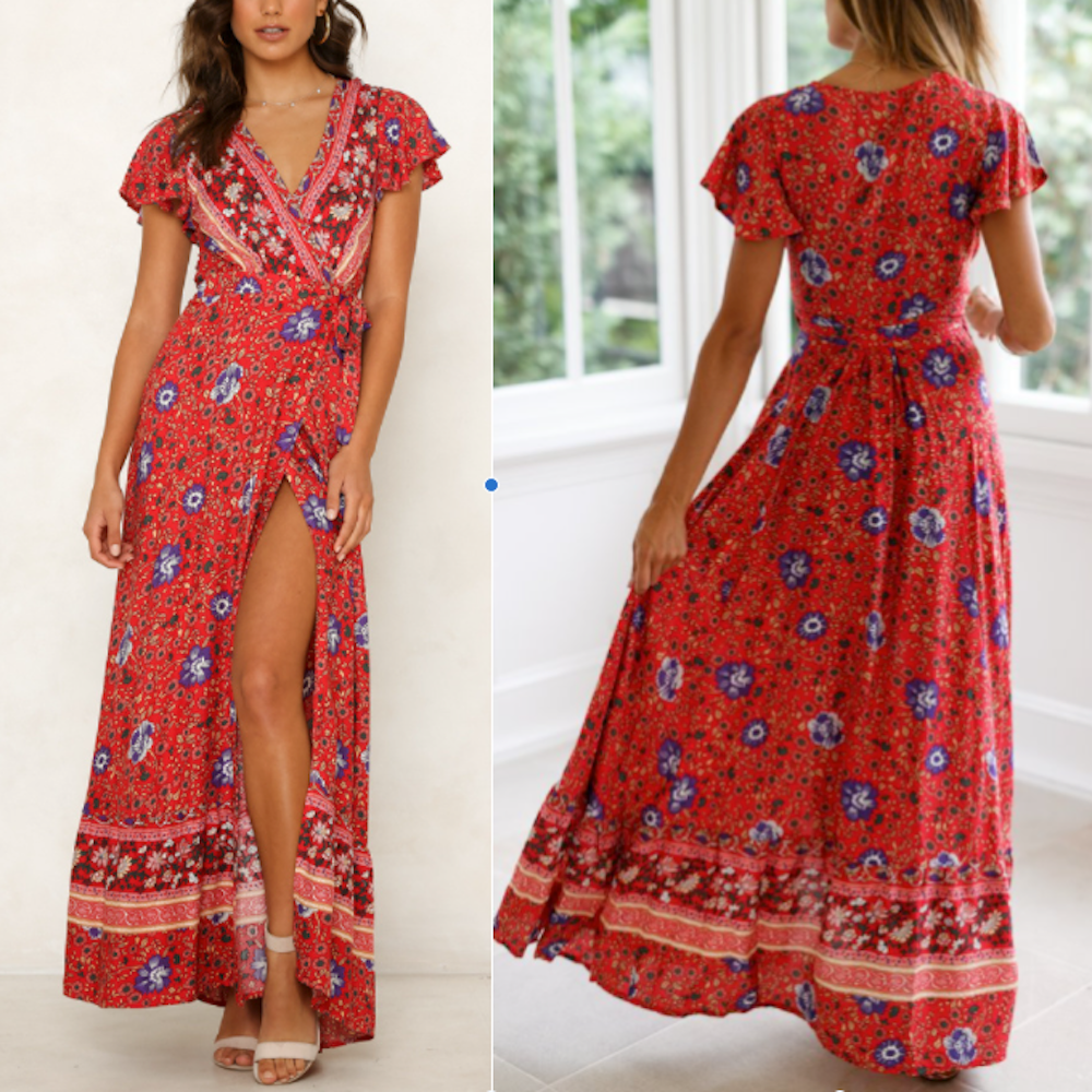 Womens Wrap Style V Neck Floral Maxi Dress by Yellow Pandora