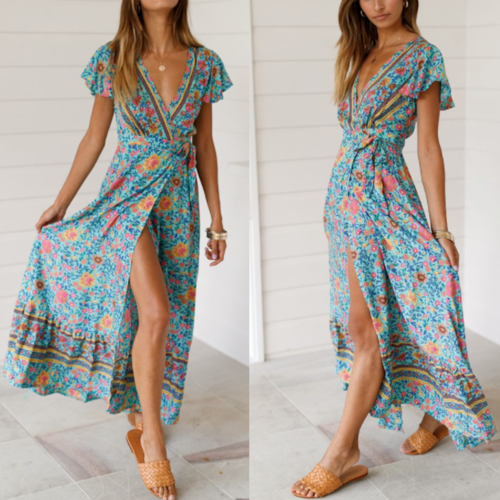 Womens Wrap Style V Neck Floral Maxi Dress by Yellow Pandora