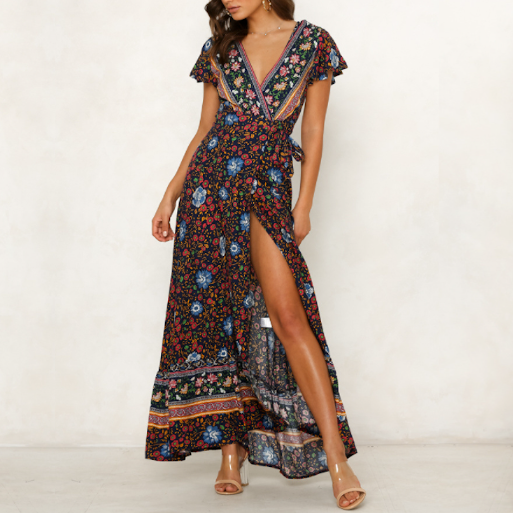 Womens Wrap Style V Neck Floral Maxi Dress by Yellow Pandora