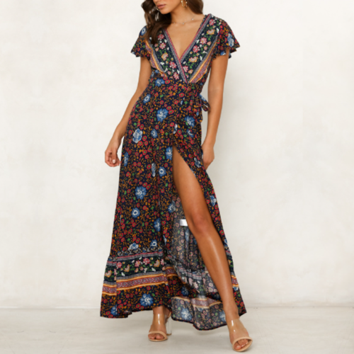 Womens Wrap Style V Neck Floral Maxi Dress by Yellow Pandora
