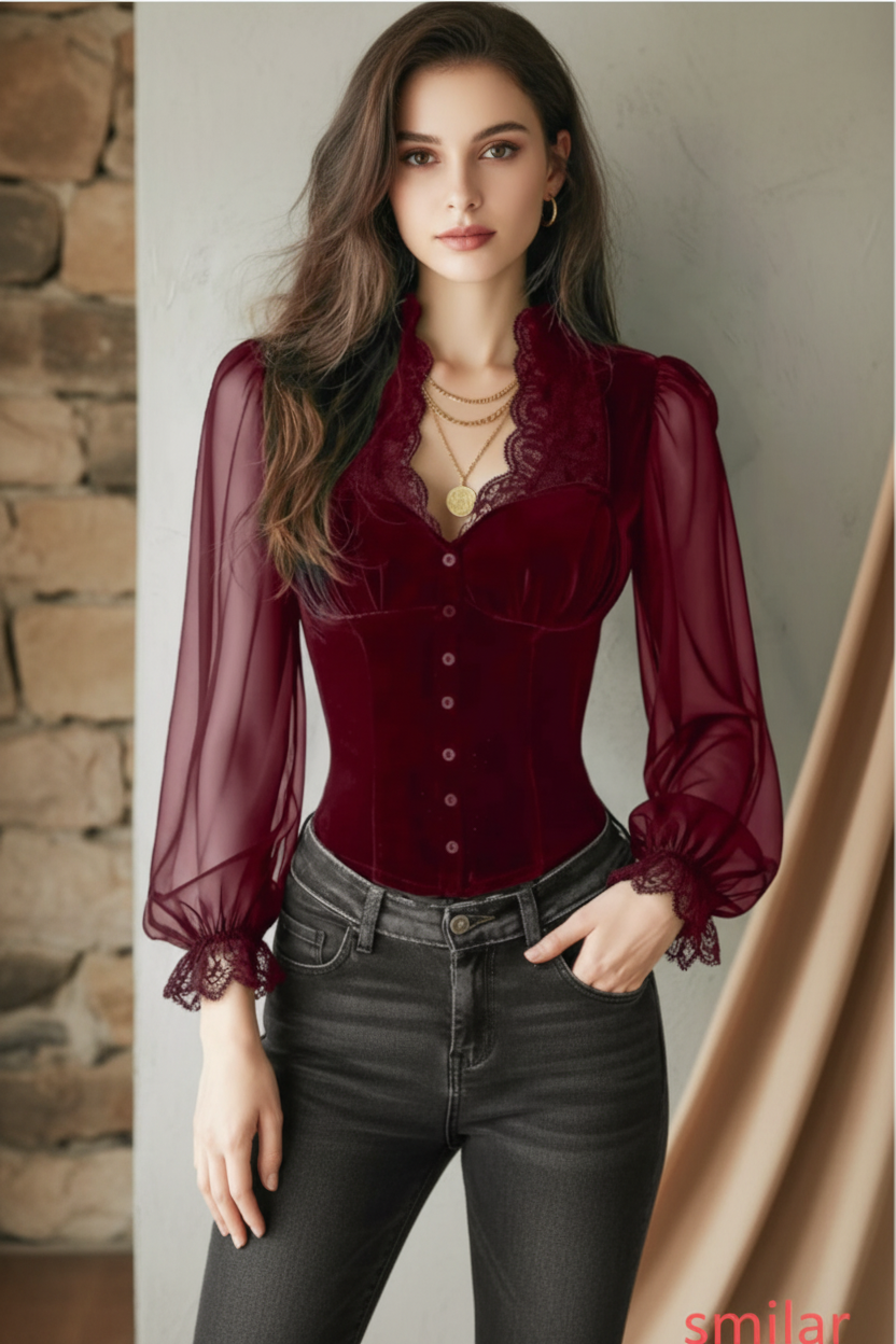 Women's Velvet & Lace Trim Top V-Neck Long Sleeve Blouse by FitiqueFit