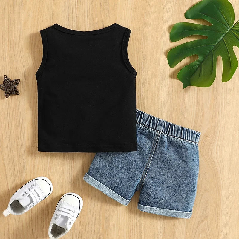 VISgogo Baby Boys Casual Clothes Set Letters Print Sleeveless Tank Top with Ripped Denim Shorts 2Piece Summer Outfit by FLIPSTYLEZLLC