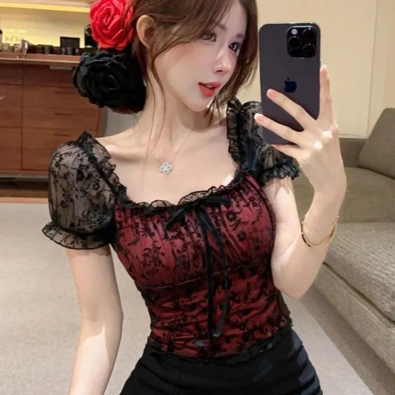 Blouses Women Lace Sexy Slim Tops Hot Girls Summer Stylish Short Puff Sleeve Seductive Backless Slash Neck Mesh Aesthetic Chic by Urban Fashion Icon