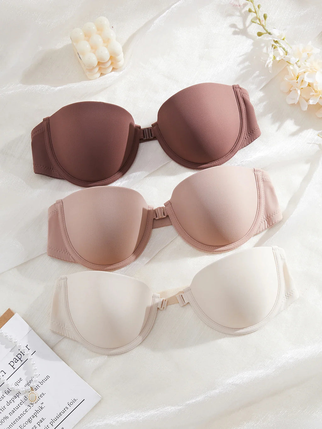 3Pcs/Set Demi Cup Seamless Women's Underwear Set Strapless Push up Bra Female Smooth Underwire Support Bra by Ladyez
