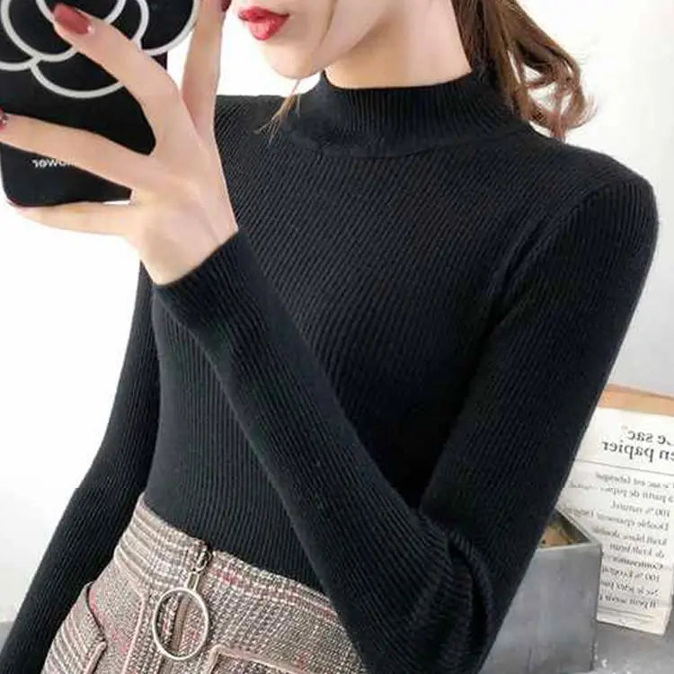 Autumn Winter Mock Neck Women Sweater Vintage Basic Solid Knitted Tops Casual Slim Pullover Korean Sweaters Simple Chic Jumpers by Urban Fashion Icon