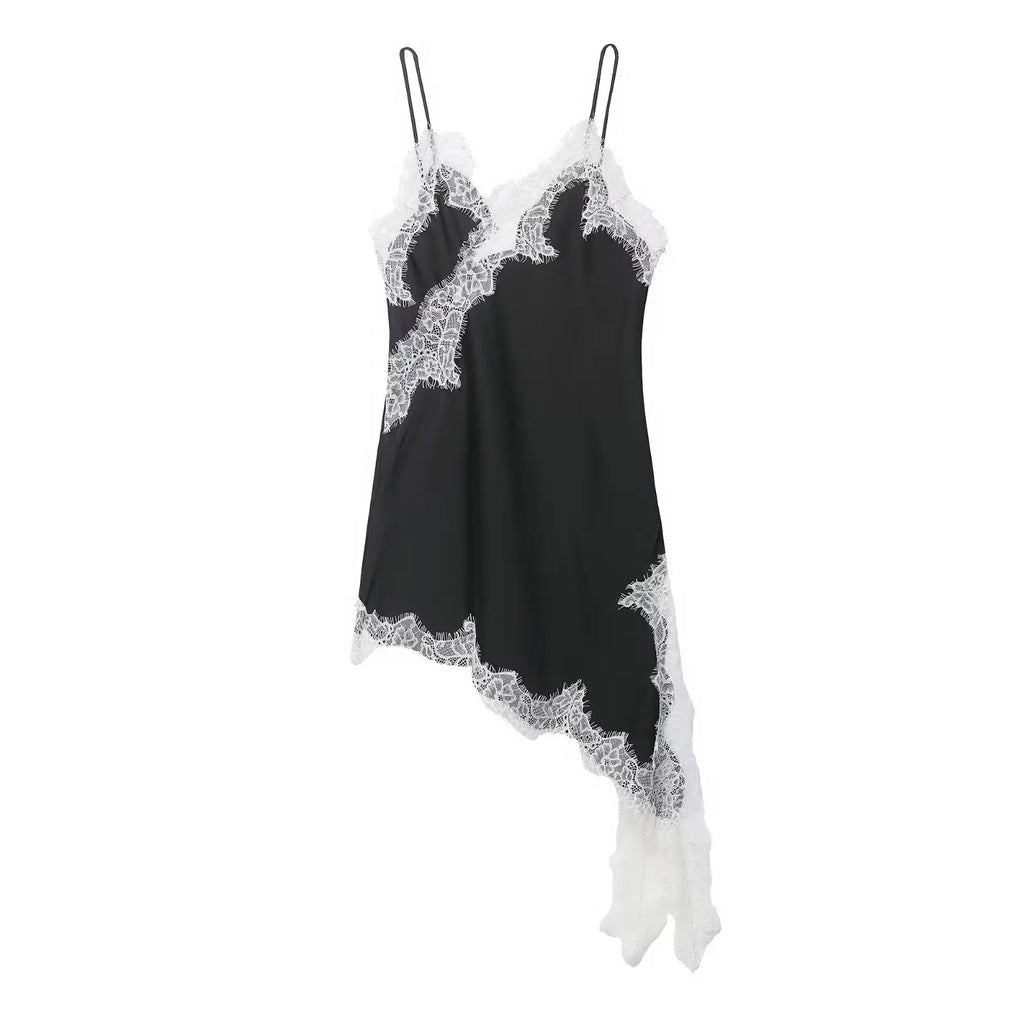 Satin Sexy Lace Spliced Short Sling Dress Women Sleeveless Backless Asymmetric Sexy Party Dresses 2026 Summer Lady Dress by Urban Fashion Icon