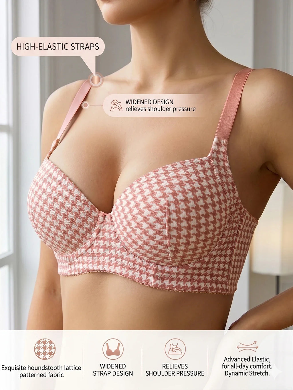 Women's Houndstooth Print Push-Up Bra Wide Elastic Straps Underwear Underwire Side Smoothing & Supportive Bra Women by Ladyez