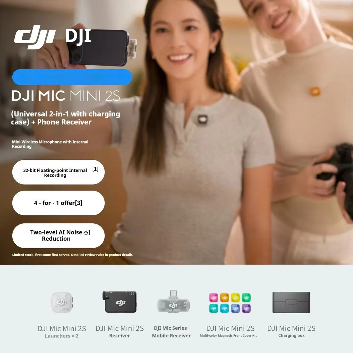 For DJI Mic Mini 2S Wireless Lavalier Mic 1TX/2TX 1RX Built-in Recording 32-bit Float AI Noise Reduction Mic for Camera Phone by FLIPSTYLEZLLC