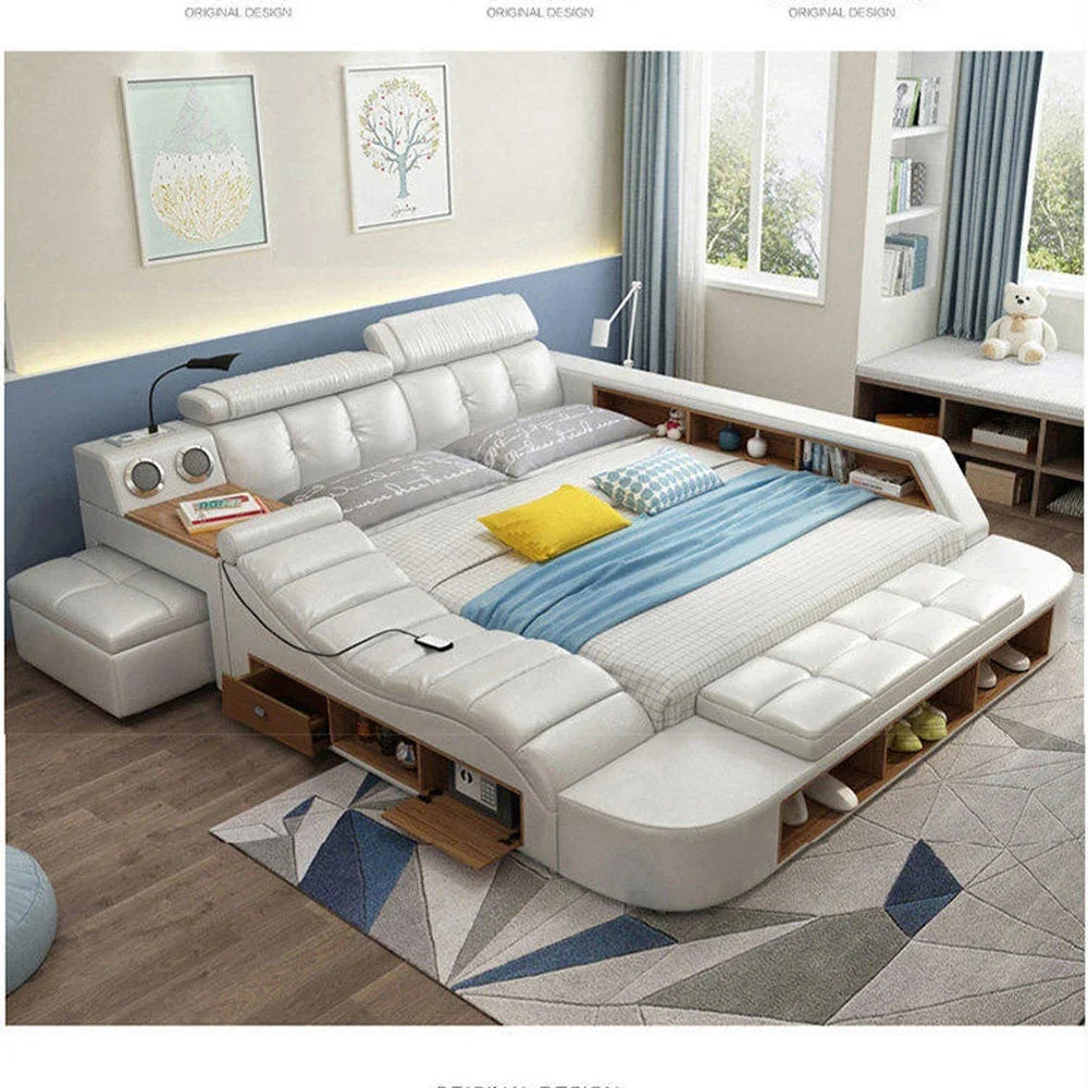 MINGDIBAO All In One Bed, Luxury Multifunctional Genuine Leather Bed Frame with Tatami, Tech Smart Ultimate Lit 2 Personnes by FLIPSTYLEZLLC
