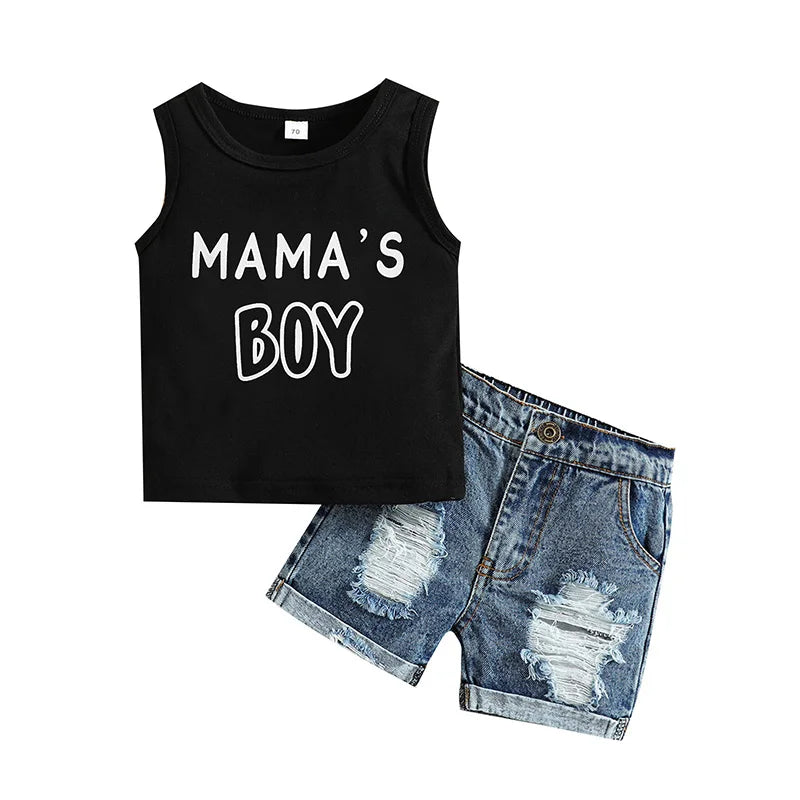 VISgogo Baby Boys Casual Clothes Set Letters Print Sleeveless Tank Top with Ripped Denim Shorts 2Piece Summer Outfit by FLIPSTYLEZLLC