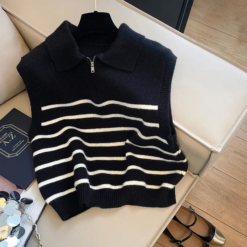 Korean Retro Lapel Zipper Stripe Knitted Vest Women Autumn Winter Sleeveless Sweater Casual 100% Polyester Pullover Outerwear by Urban Fashion Icon