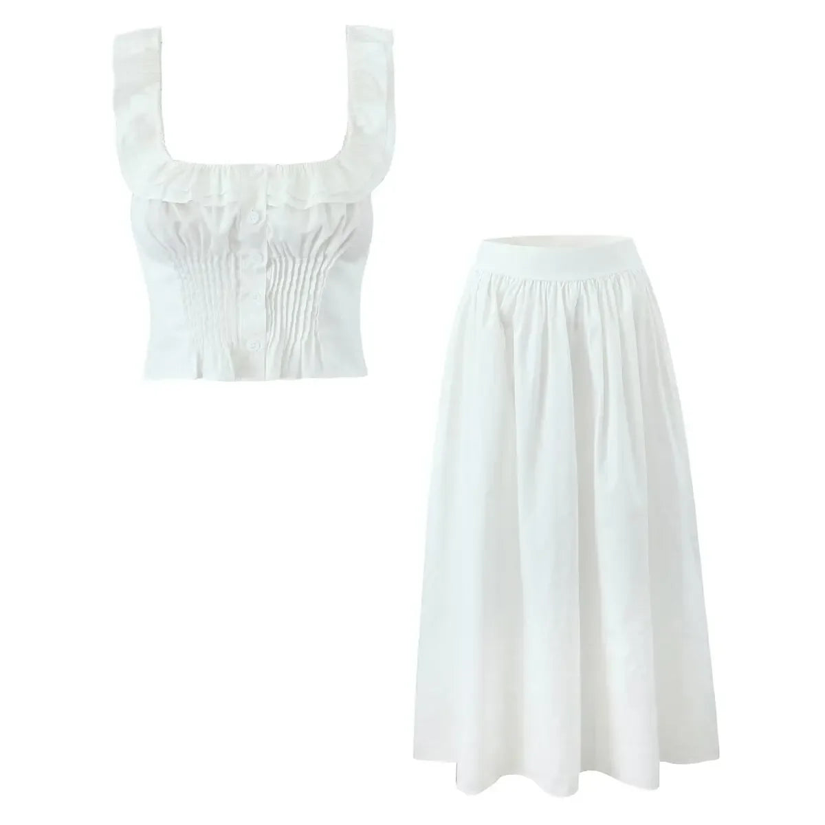 Summer Women White Cotton Dress Set 2025 Top+skirt 2 Pcs Outfit Ruffles Button Slim Top A-line Maxi Skirt Beach Casual Dress by Ladyez
